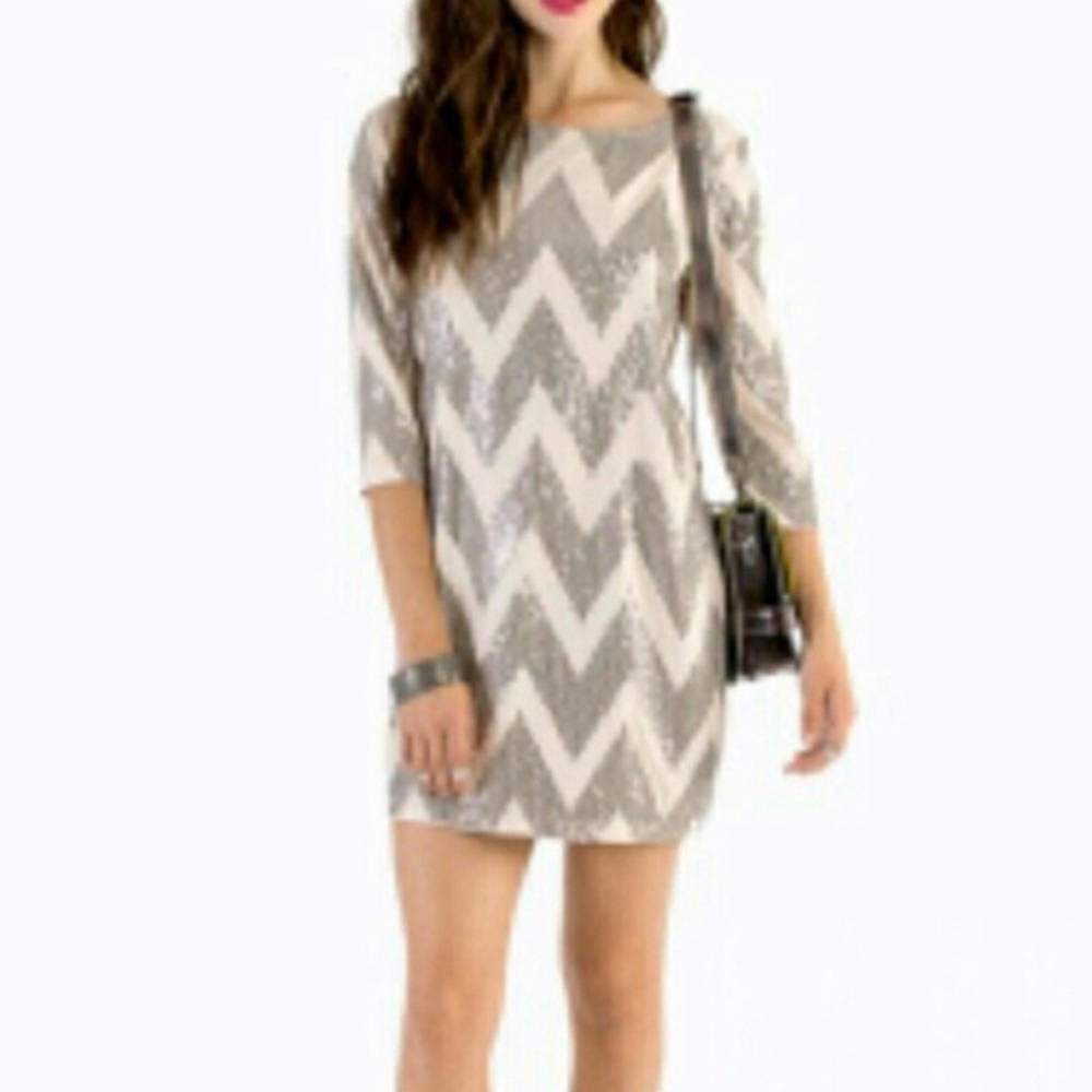 NWT MUSTARD SEED Dress Silver Sequin Cream Chevron 3/4 Sleeve